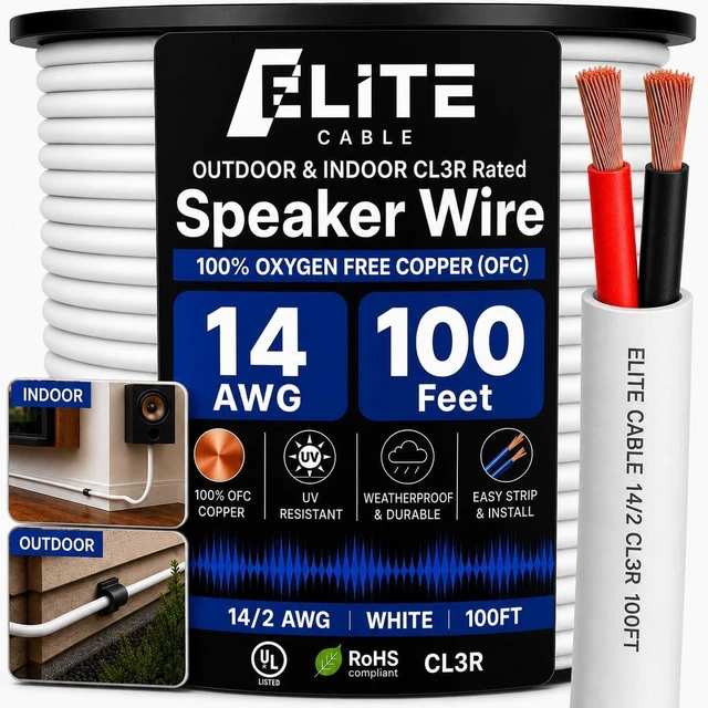 Main image of Elite 14/2 Speaker Wire 100ft, UL Listed, CMR/CL3R, (Riser/In-Wall & Outdoor/In-Ground (Direct Burial)- 100% Oxygen Free Pure Bare Copper (OFC), 14AWG/2-Conductor, 100ft Bulk Cable (105 strands) White