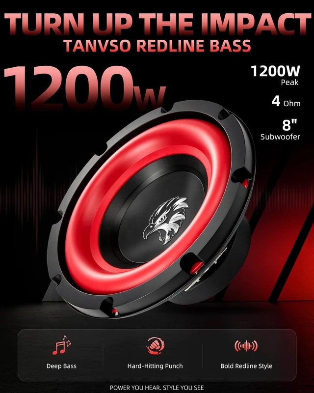Alt view image 2 of 5 - TANVSO Redline Bass Series 8 Subwoofer, 1200W Peak 4 Ohm 8 Inch Car Subwoofer, Compact 8 Inch Woofer with High-Excursion Cone, Red Rubber Surround for Car Audio Bass Box, Single
