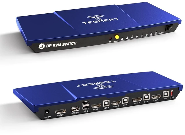 Main image of TESMERT 4K@144Hz DisplayPort KVM Switch 4 Computer 1 Monitor, DP 1.4 KVM Switches for 4 PC, EDID Emulator, Auto Scan, HDR, HDCP 2.2, Daisy Chain, IR Remote Control Hotkey Switch, 4 1.5m DP USB Cable