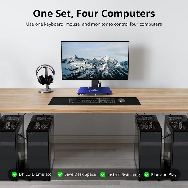 Alt view image 2 of 5 - TESMERT 4K@144Hz DisplayPort KVM Switch 4 Computer 1 Monitor, DP 1.4 KVM Switches for 4 PC, EDID Emulator, Auto Scan, HDR, HDCP 2.2, Daisy Chain, IR Remote Control Hotkey Switch, 4 1.5m DP USB Cable
