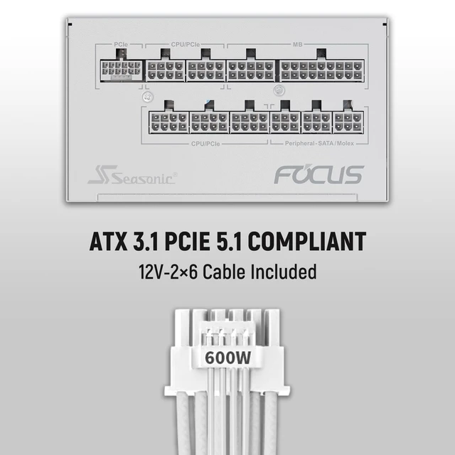Alt view image 2 of 5 - Seasonic Focus GX-1000 1000W Power Supply ATX 3.1 & PCIe 5.1 Ready White