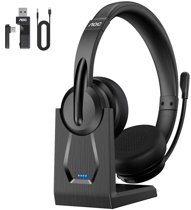 Main image of AOC Wireless Headset with Mic for Work, Bluetooth 5.4 Wireless Headset with AI Noise Canceling Mics, USB A/C Dongle, Charging Base & Mic Mute, Wireless Headphones for Laptop, PC (