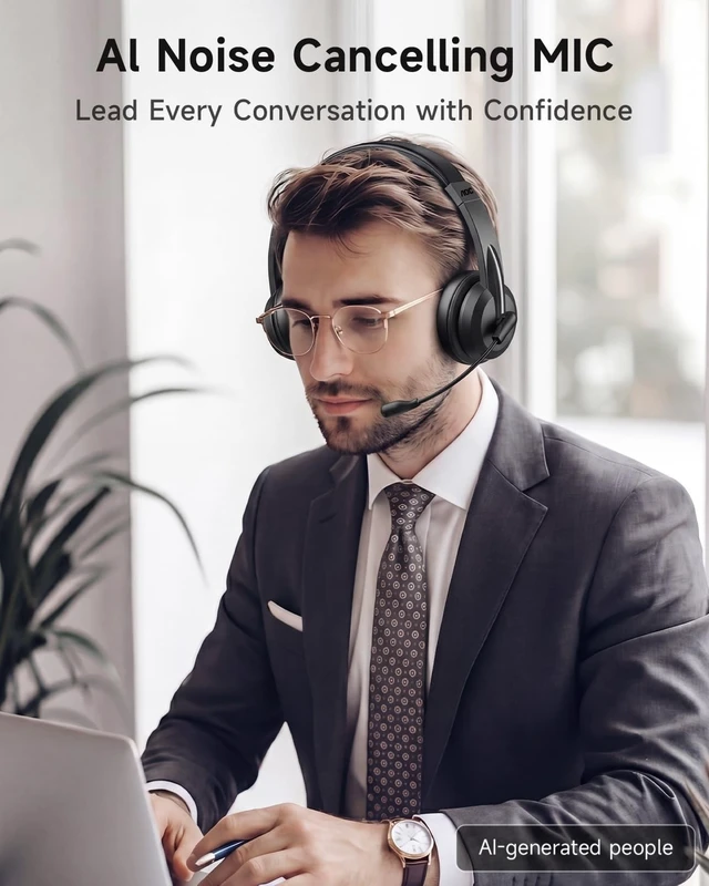 Alt view image 2 of 5 - AOC Wireless Headset with Mic for Work, Bluetooth 5.4 Wireless Headset with AI Noise Canceling Mics, USB A/C Dongle, Charging Base & Mic Mute, Wireless Headphones for Laptop, PC (