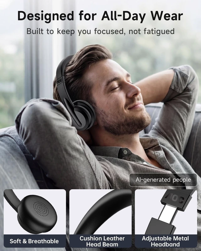 Alt view image 4 of 5 - AOC Wireless Headset with Mic for Work, Bluetooth 5.4 Wireless Headset with AI Noise Canceling Mics, USB A/C Dongle, Charging Base & Mic Mute, Wireless Headphones for Laptop, PC (