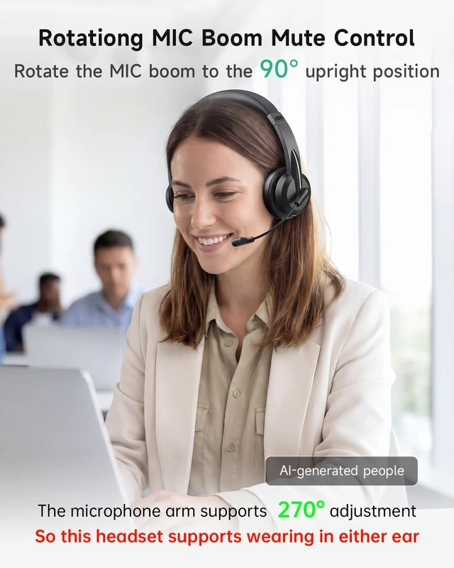 Alt view image 5 of 5 - AOC Wireless Headset with Mic for Work, Bluetooth 5.4 Wireless Headset with AI Noise Canceling Mics, USB A/C Dongle, Charging Base & Mic Mute, Wireless Headphones for Laptop, PC (