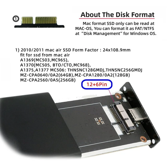 Alt view image 4 of 5 - Xiwai USB3.0 Type-C to 12+6Pin/17+7Pin USB-C Enclosure 5Gbps Mobile Box for MAC Air Pro 2010 2011 SSD Portable Case Adapter