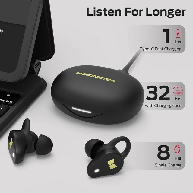 Alt view image 4 of 5 - Monster N-Lite 210 Wireless Earbuds, Bluetooth 5.4 in-Ear Stereo Headphones, Built-in Mic for Crystal Clear Call, 32H Playtime, Water Resistant in-Ear Earphones for Sports, Black