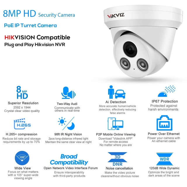 Alt view image 2 of 5 - VIKVIZ 4K POE Turret Camera, Human/Vehicle Detection, 98ft IR Night Vision