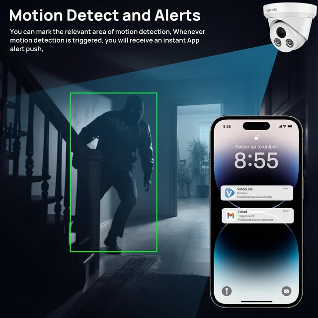 Alt view image 5 of 5 - VIKVIZ 4K POE Turret Camera, Human/Vehicle Detection, 98ft IR Night Vision