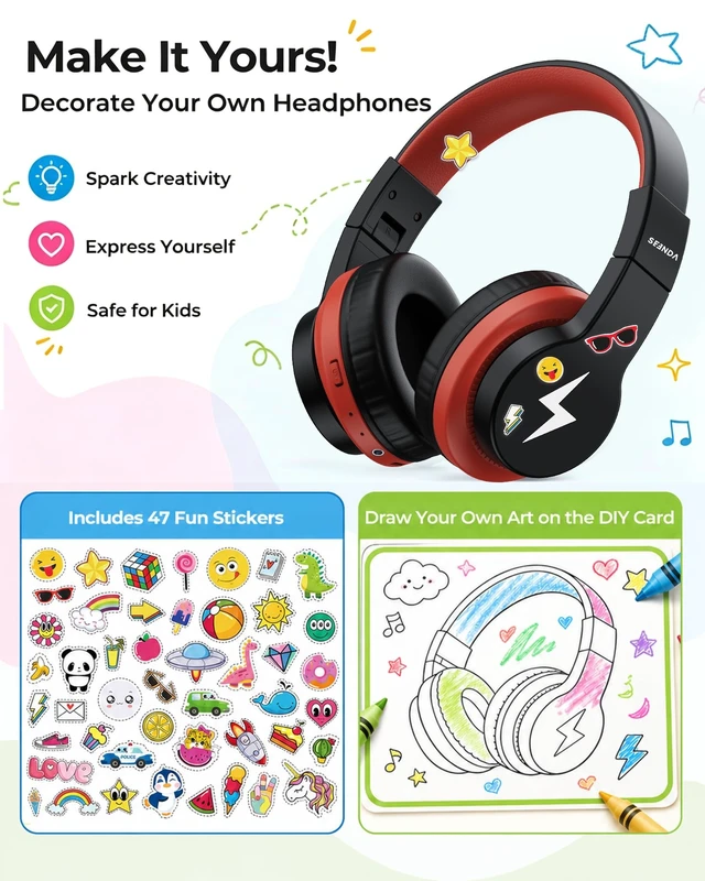 Alt view image 2 of 5 - seenda JCH-01 Kids Bluetooth Headphones, 85/94dB, 3 Light Modes,Black&Red