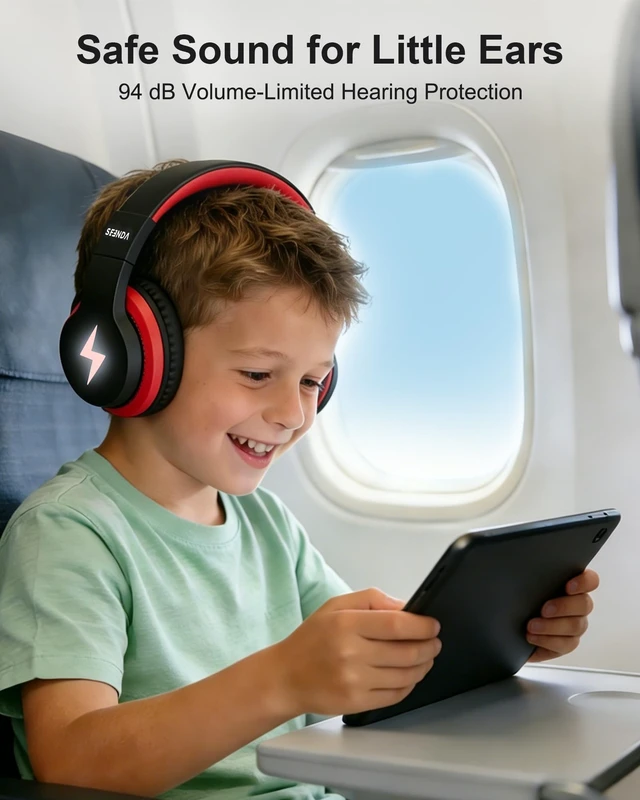 Alt view image 3 of 5 - seenda JCH-01 Kids Bluetooth Headphones, 85/94dB, 3 Light Modes,Black&Red