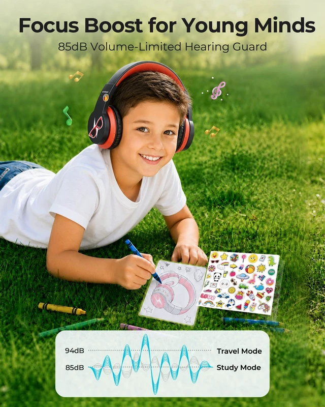 Alt view image 4 of 5 - seenda JCH-01 Kids Bluetooth Headphones, 85/94dB, 3 Light Modes,Black&Red