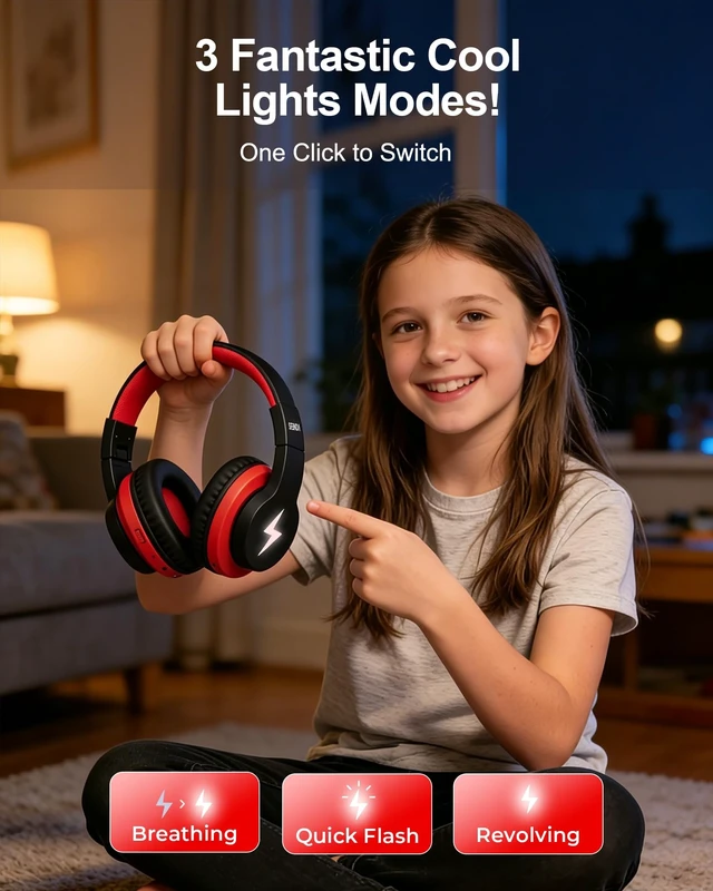 Alt view image 5 of 5 - seenda JCH-01 Kids Bluetooth Headphones, 85/94dB, 3 Light Modes,Black&Red