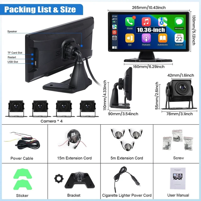Alt view image 2 of 5 - 1080P 4K RV Backup Camera System Portable Wireless Apple Carplay/Android Auto Mirror Link Smart Player 10.36 inch Touchscreen Reverse Monitor DVR Loop Recording 4 Split Screen Bluetooth USB TF