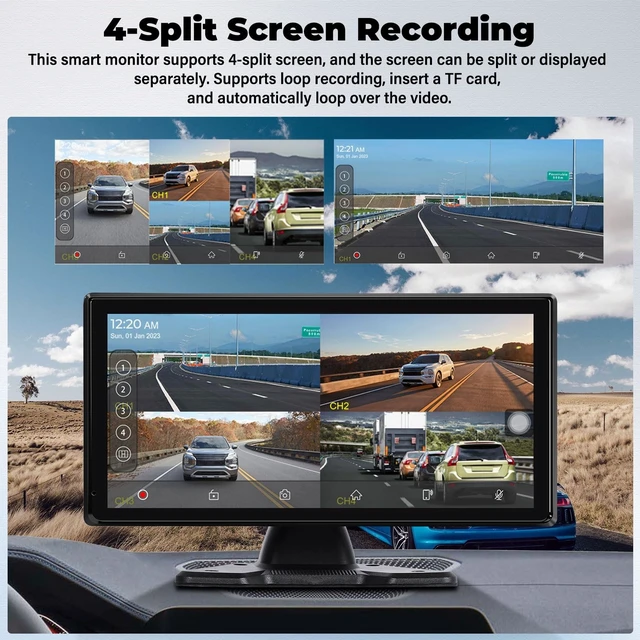 Alt view image 4 of 5 - 1080P 4K RV Backup Camera System Portable Wireless Apple Carplay/Android Auto Mirror Link Smart Player 10.36 inch Touchscreen Reverse Monitor DVR Loop Recording 4 Split Screen Bluetooth USB TF