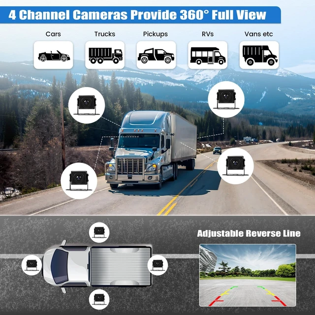 Alt view image 5 of 5 - 1080P 4K RV Backup Camera System Portable Wireless Apple Carplay/Android Auto Mirror Link Smart Player 10.36 inch Touchscreen Reverse Monitor DVR Loop Recording 4 Split Screen Bluetooth USB TF