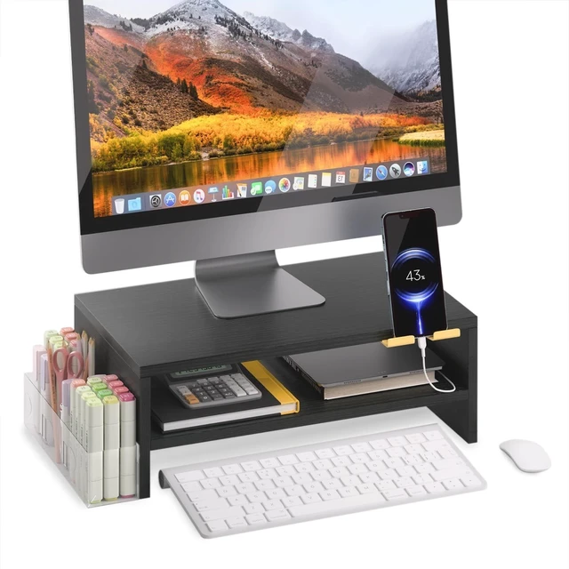 Main image of TEAMIX 2 Tiers Wood Monitor Stand Riser with Phone Holder & Side Pen Holder