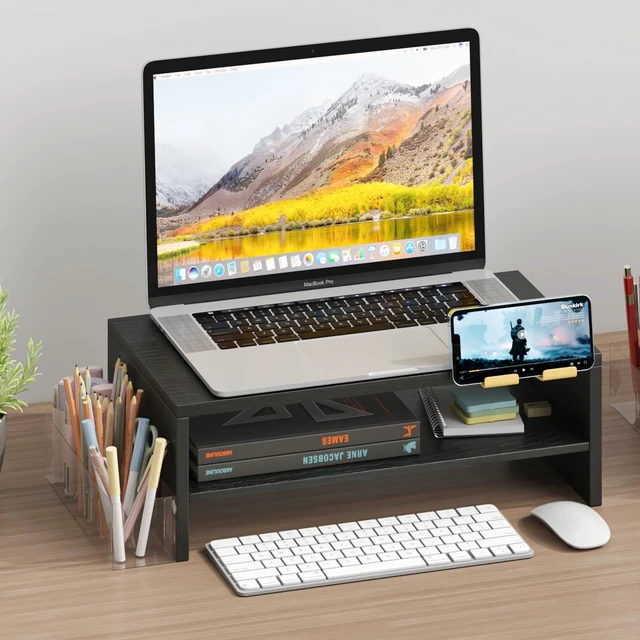 Alt view image 2 of 5 - TEAMIX 2 Tiers Wood Monitor Stand Riser with Phone Holder & Side Pen Holder