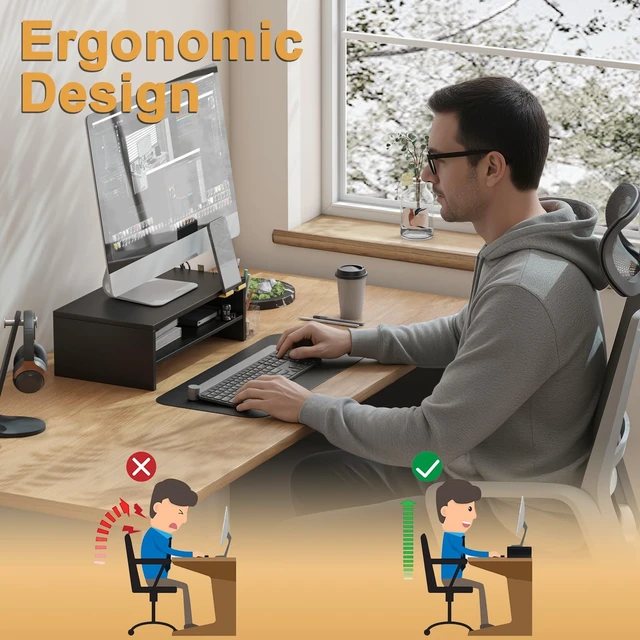 Alt view image 3 of 5 - TEAMIX 2 Tiers Wood Monitor Stand Riser with Phone Holder & Side Pen Holder