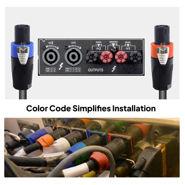 Alt view image 3 of 5 - SUNNAREPOON 4 Conductor Speakon Cables 12AWG NL4 Cable 3FT Blue & Orange