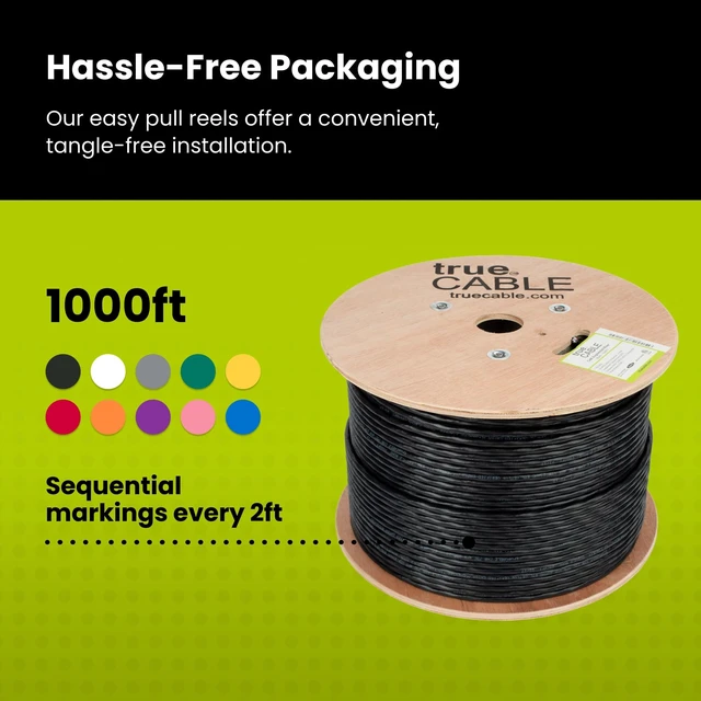 Alt view image 5 of 5 - TRUE CABLE Cat6A Riser (CMR), Bulk Ethernet Cable, 1000ft, Black, 23AWG Solid Bare Copper, Unshielded Twisted Pair (U/UTP), 750MHz, PoE++ 100W, ETL Listed