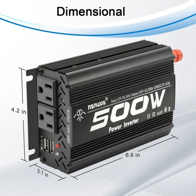 Alt view image 2 of 5 - 500 Watt Power Inverter car Inverter Rate 500W / Peak 1000W DC12V to AC 110V RV Inverter for Camping Charging Vehicle Power Inverter-Black(500W)