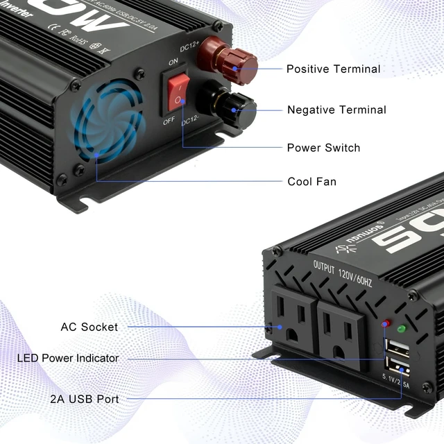 Alt view image 3 of 5 - 500 Watt Power Inverter car Inverter Rate 500W / Peak 1000W DC12V to AC 110V RV Inverter for Camping Charging Vehicle Power Inverter-Black(500W)