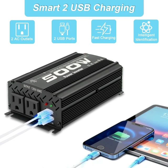Alt view image 5 of 5 - 500 Watt Power Inverter car Inverter Rate 500W / Peak 1000W DC12V to AC 110V RV Inverter for Camping Charging Vehicle Power Inverter-Black(500W)