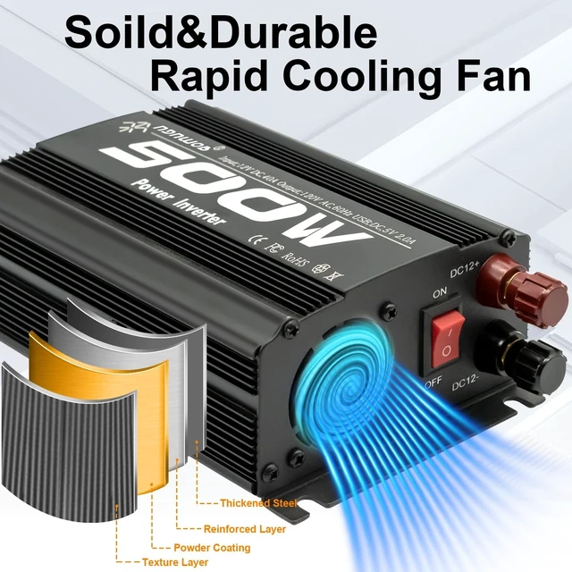 Alt view image 4 of 5 - 500 Watt Power Inverter car Inverter Rate 500W / Peak 1000W DC12V to AC 110V RV Inverter for Camping Charging Vehicle Power Inverter-Black(500W)
