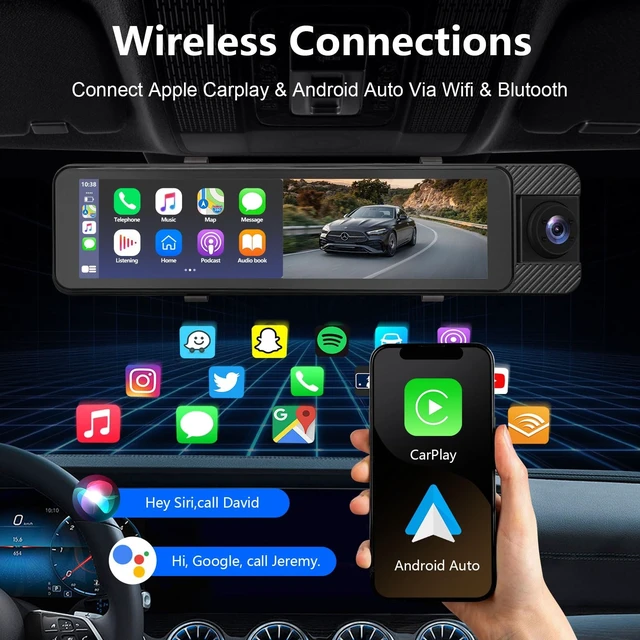 Alt view image 2 of 5 - 11" Rear View Mirror Dash Cam with Wireless CarPlay & Android Auto