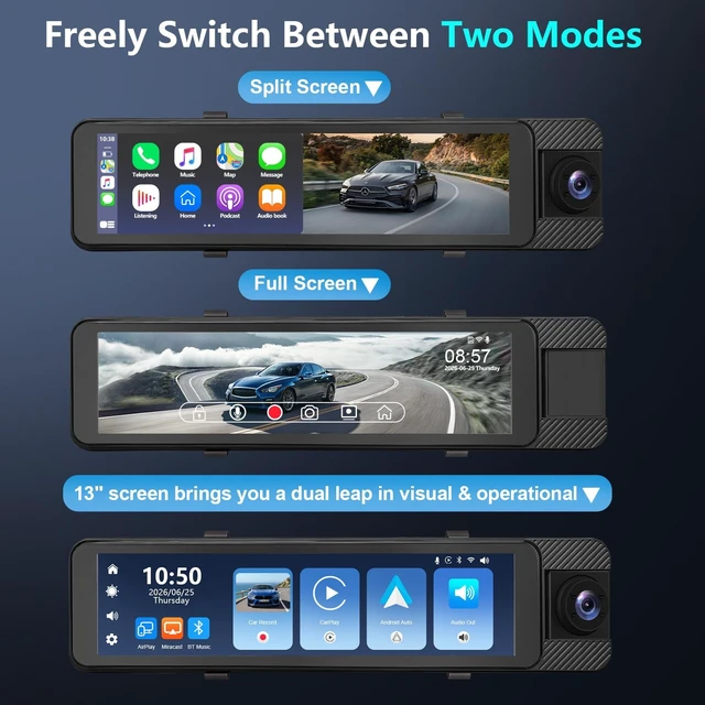 Alt view image 5 of 5 - 11" Rear View Mirror Dash Cam with Wireless CarPlay & Android Auto