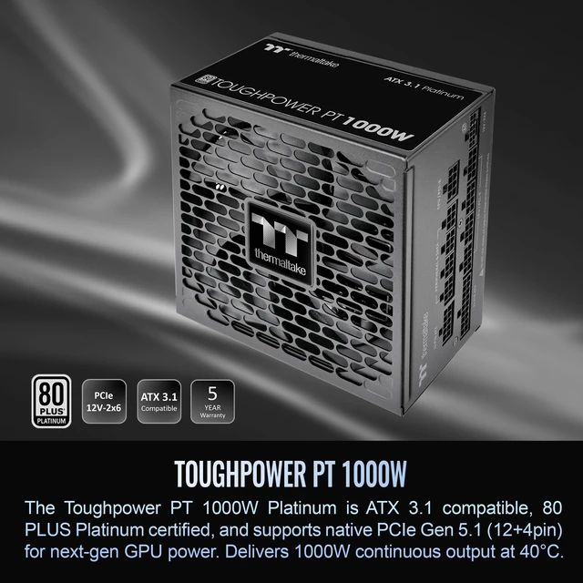 Alt view image 2 of 5 - Thermaltake Toughpower PT 1000W; ATX 3.1; Native PCIe 5.1 12V-2x6; Etched Flat Cables; Dual-Color H++ Connectors; 100% Japanese Capacitors; 135mm Fan; 80 Plus Platinum; Black; PS-TPP-1000FNF