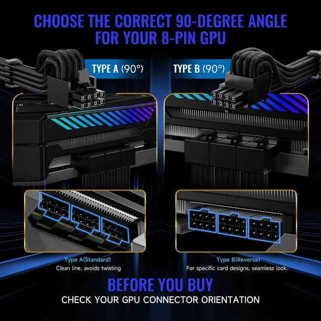 Alt view image 2 of 5 - X-Enlazar PSU Cable Kit for ASUS Power Supplies - 90-Degree Connectors, Individually Sleeved with Braiding & Combs, 16AWG Wire, 9-Piece Kit, Type-B PCIe GPU Connectors - Black
