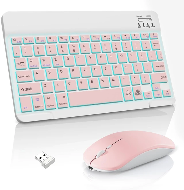 Main image of TopPerfekt Slim Lightweight Bluetooth Keyboard with 7-Color Backlit Compatible and Mouse Wireless, Rechargeable Mini Small Travel, for iPad Pro Air Mini, Tablet iOS Android Windows Computer - P