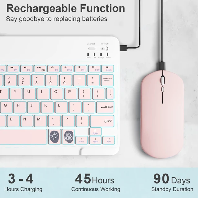 Alt view image 3 of 5 - TopPerfekt Slim Lightweight Bluetooth Keyboard with 7-Color Backlit Compatible and Mouse Wireless, Rechargeable Mini Small Travel, for iPad Pro Air Mini, Tablet iOS Android Windows Computer - P