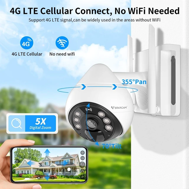 Alt view image 2 of 5 - VSTARCAM 4G Cellular Security Cameras Wireless Outdoor, 3MP Battery Powered Cameras for Home Surveillance, Motion Detection, Color Night Vision, Pan/Tilt, 2-Way Talk, Cloud &SD Storage