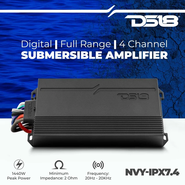 Alt view image 2 of 5 - DS18 NVY-IPX7.4 Marine Amplifier Submersible 4-Channel Class D 4 Ohms 1440 Watts Full-Range Digital Rating IPX7 Waterproof AMP - Great for Boats, Powersports & Motorcycles