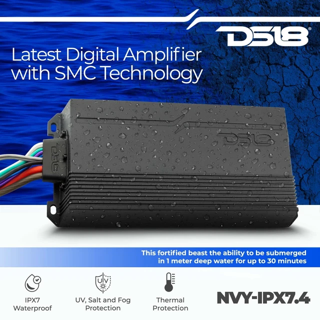 Alt view image 4 of 5 - DS18 NVY-IPX7.4 Marine Amplifier Submersible 4-Channel Class D 4 Ohms 1440 Watts Full-Range Digital Rating IPX7 Waterproof AMP - Great for Boats, Powersports & Motorcycles