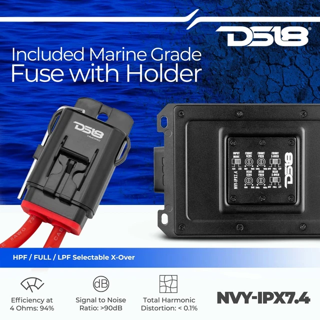 Alt view image 3 of 5 - DS18 NVY-IPX7.4 Marine Amplifier Submersible 4-Channel Class D 4 Ohms 1440 Watts Full-Range Digital Rating IPX7 Waterproof AMP - Great for Boats, Powersports & Motorcycles