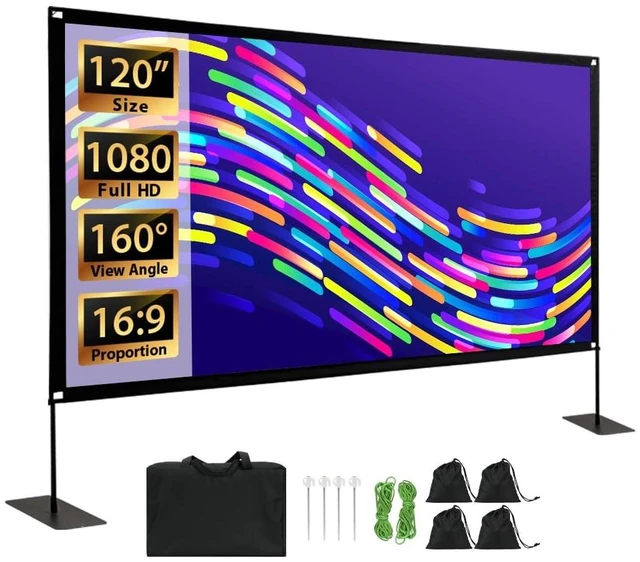 Main image of Projector Screen with Stand, Tool Free 120 inch Outdoor 16:9 4K Front Rear HD Portable Projector Screen Indoor Foldable Movie Screen with Carry Bag, Sandbag for Home Backyard, Camping, Theater