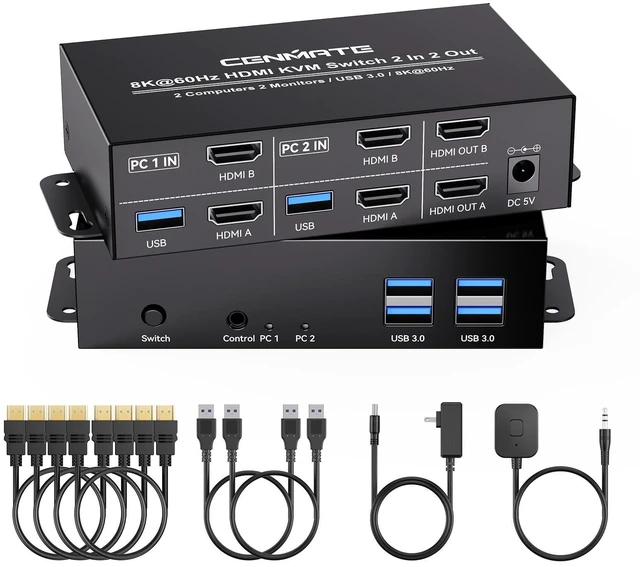Main image of 8K@60Hz HDMI KVM Switch 2 Monitors 2 Computers, with 4 USB 3.0 Ports for 2 Computers Sharing Dual Monitors Keyboard Mouse Printer with 4 HDMI Cables, 2 USB Cables, Power Adapter and Controller