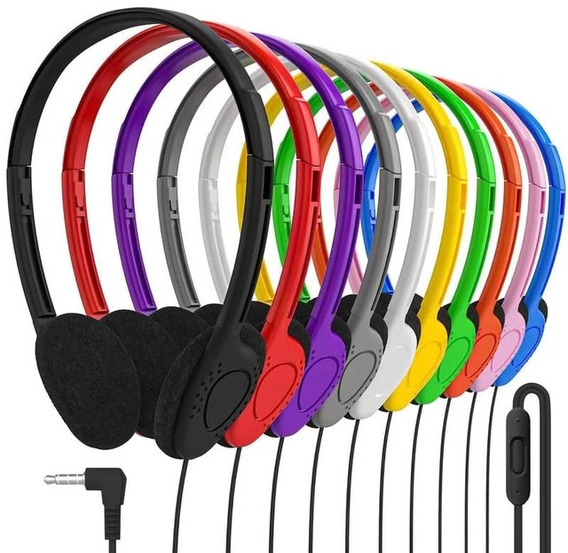 Main image of Maeline Bulk Classroom Headphones with Microphone 20 Pack Multicolor Wired On-Ear Headsets, Adjustable 3.5mm Plug, Individually Wrapped for Schools, Libraries & Labs
