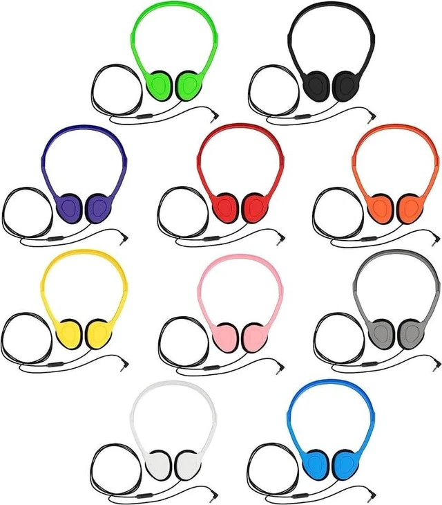 Alt view image 4 of 5 - Maeline Bulk Classroom Headphones with Microphone 20 Pack Multicolor Wired On-Ear Headsets, Adjustable 3.5mm Plug, Individually Wrapped for Schools, Libraries & Labs