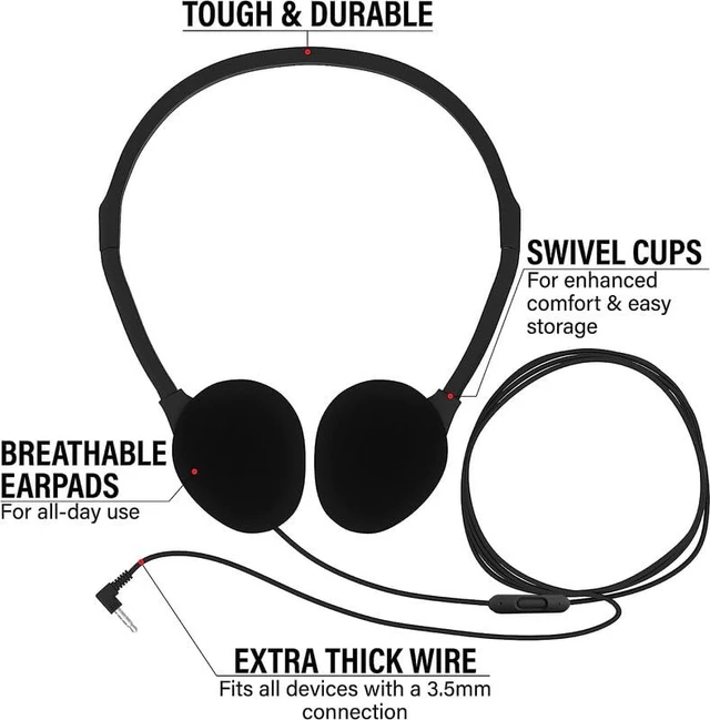 Alt view image 3 of 5 - Maeline Bulk Classroom Headphones with Microphone 20 Pack Multicolor Wired On-Ear Headsets, Adjustable 3.5mm Plug, Individually Wrapped for Schools, Libraries & Labs