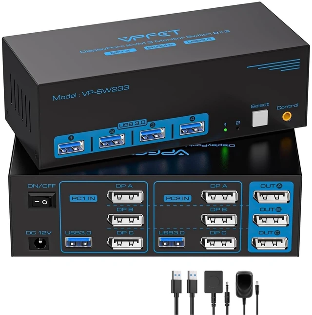 Main image of 4K@144Hz DisplayPort KVM Switch 2 Computers 3 Monitors 8K@60Hz Triple Monitor KVM Switch with USB 3.0, One Keyboard Mouse Control Dual PCs for Workstation Home Office