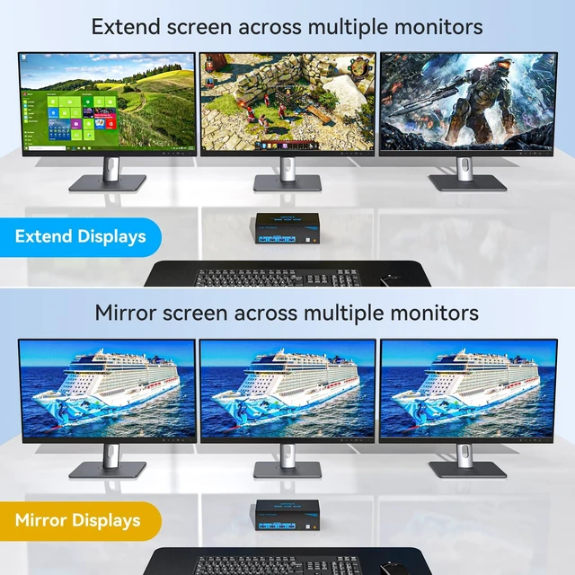 Alt view image 3 of 5 - 4K@144Hz DisplayPort KVM Switch 2 Computers 3 Monitors 8K@60Hz Triple Monitor KVM Switch with USB 3.0, One Keyboard Mouse Control Dual PCs for Workstation Home Office