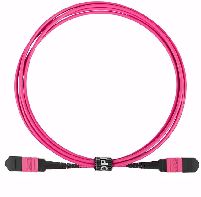 Main image of OPFI MPO Fiber Cable, Type B, 12 Fibers, Multimode-OM4, Magenta, for 40G QSFP+/100G QSFP28 transceiver, MTP Compatible. (6.6ft, Male to Female)