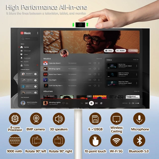 Alt view image 3 of 5 - 27" FHD Portable Smart TV,6GB+128GB Storage Android 13 Touch Monitor(White)