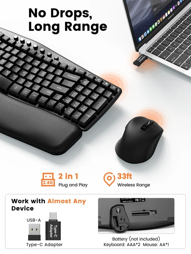 Alt view image 5 of 5 - Wireless Keyboard and Mouse Combo, Compact Ergonomic Wave Key, SABLUTE MA61