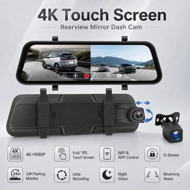 Alt view image 2 of 5 - 4K Mirror Dash Cam, Volxcereo 9.66 Rear View Mirror Camera with WiFi & APP